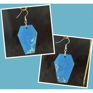 Blue & Clear Resin Halloweens Coffin Earrings with Silver Flakes Hand Crafted